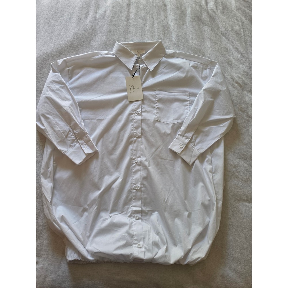 Klesis Women White Oversized Bubble Hem Button Down Shirt Dress Small NWT